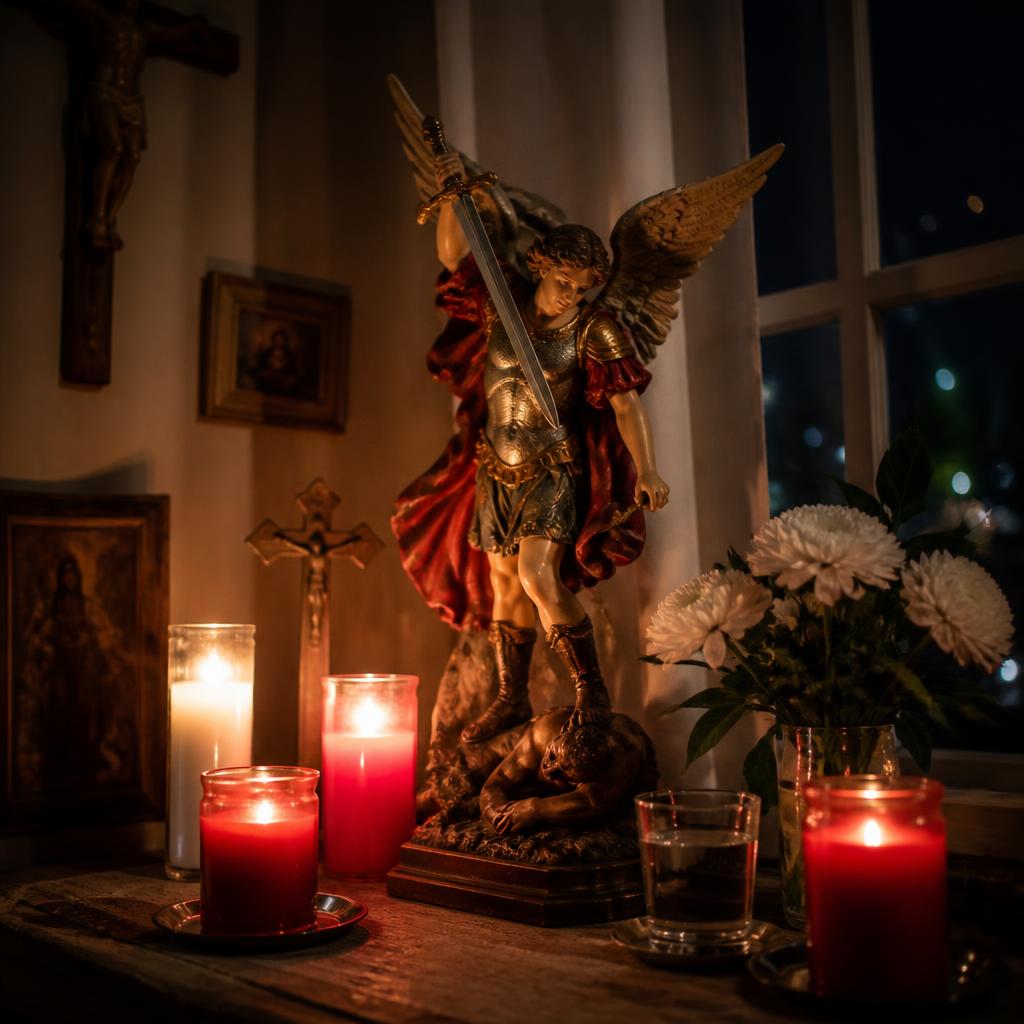 Altar doméstico com imagem de São Miguel, velas e flores
