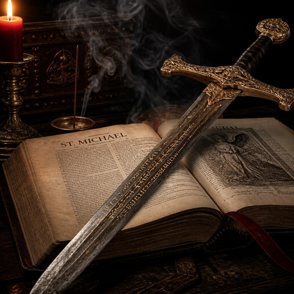 Espada de São Miguel sobre a Bíblia com vela acesa