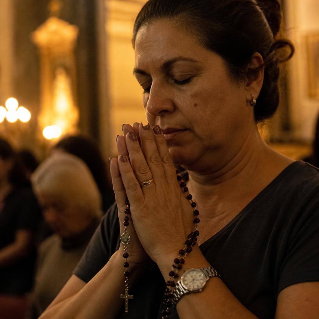 Mulher rezando o terço diante do altar à luz das velas